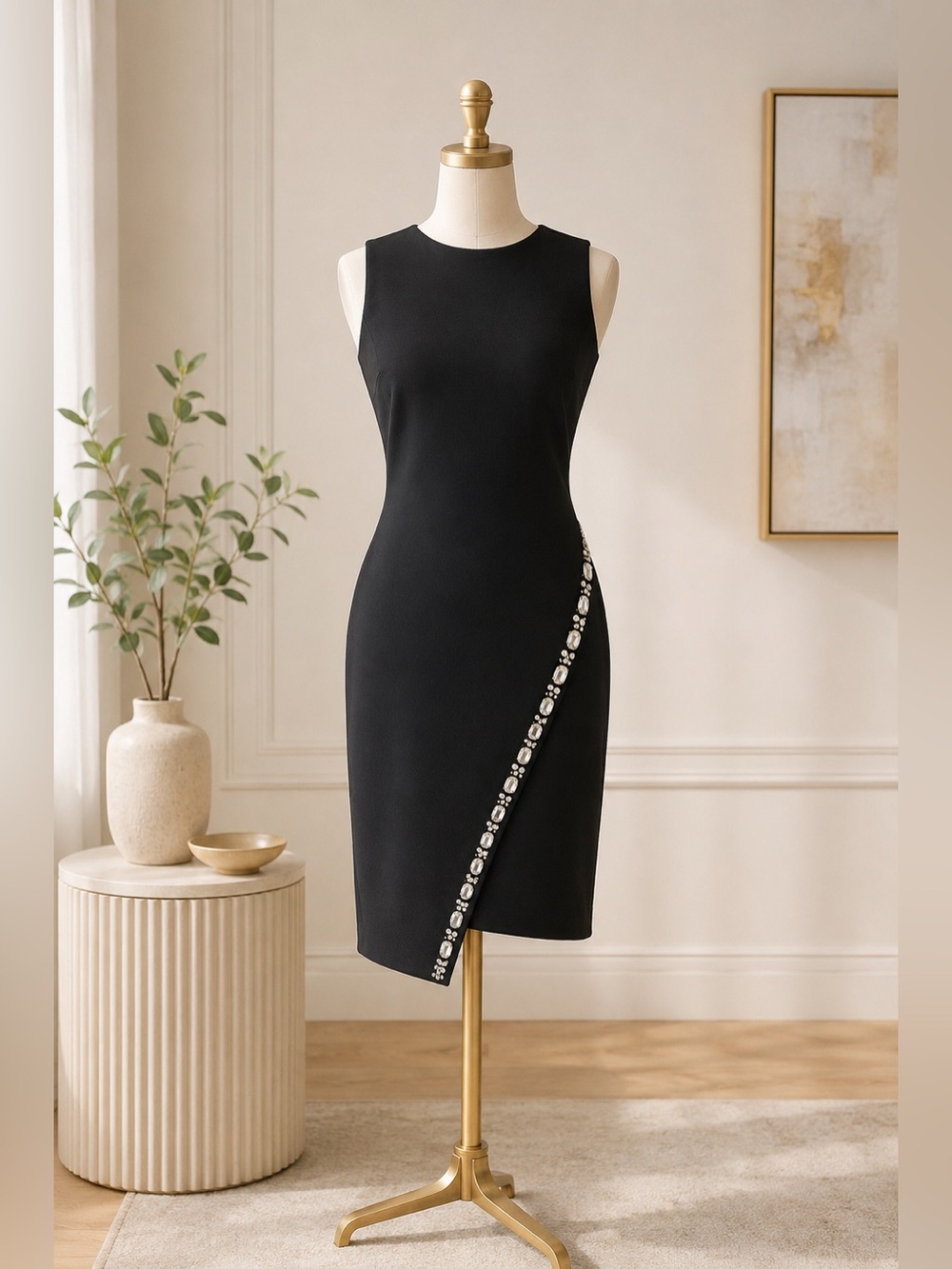 Tommy Hilfiger Size 4 Black Sheath Dress Crystal Embellish Asymmetrical Hem NWT